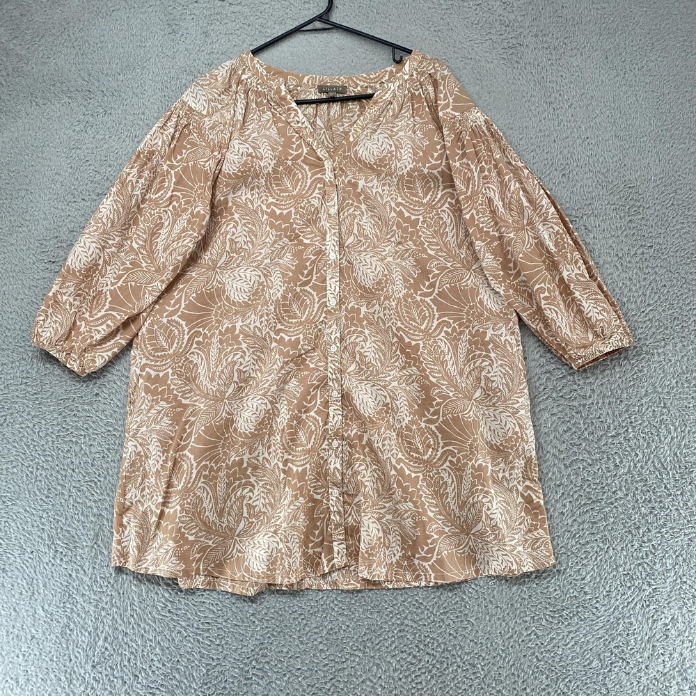 Lilla P Tunic Top Womens XS‎ Floral Button Up Cotton Beige Boho Balloon Sleeve